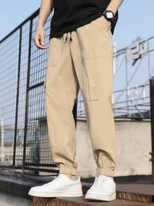 Manfinity Men Patched Detail Flap Pocket Side Drawstring Waist Cargo Trousers - Khaki - View 1
