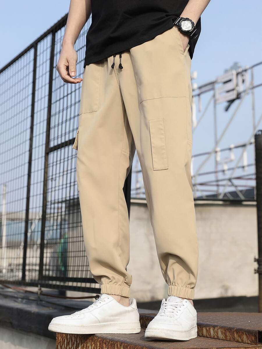 Manfinity Men Patched Detail Flap Pocket Side Drawstring Waist Cargo Trousers - Khaki - View 1