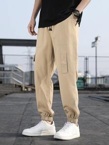 Manfinity Men Patched Detail Flap Pocket Side Drawstring Waist Cargo Trousers - Khaki - View 4