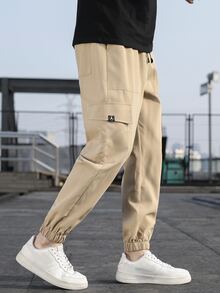 Manfinity Men Patched Detail Flap Pocket Side Drawstring Waist Cargo Trousers - Khaki - View 5