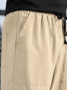 Manfinity Men Patched Detail Flap Pocket Side Drawstring Waist Cargo Trousers - Khaki - View 6