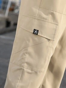 Manfinity Men Patched Detail Flap Pocket Side Drawstring Waist Cargo Trousers - Khaki - View 7