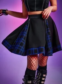Gothic High Waist Colourblock Plaid Flared Skirt - Black - View 1