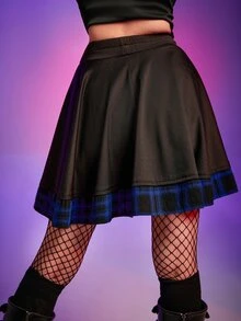 Gothic High Waist Colourblock Plaid Flared Skirt - Black - View 2