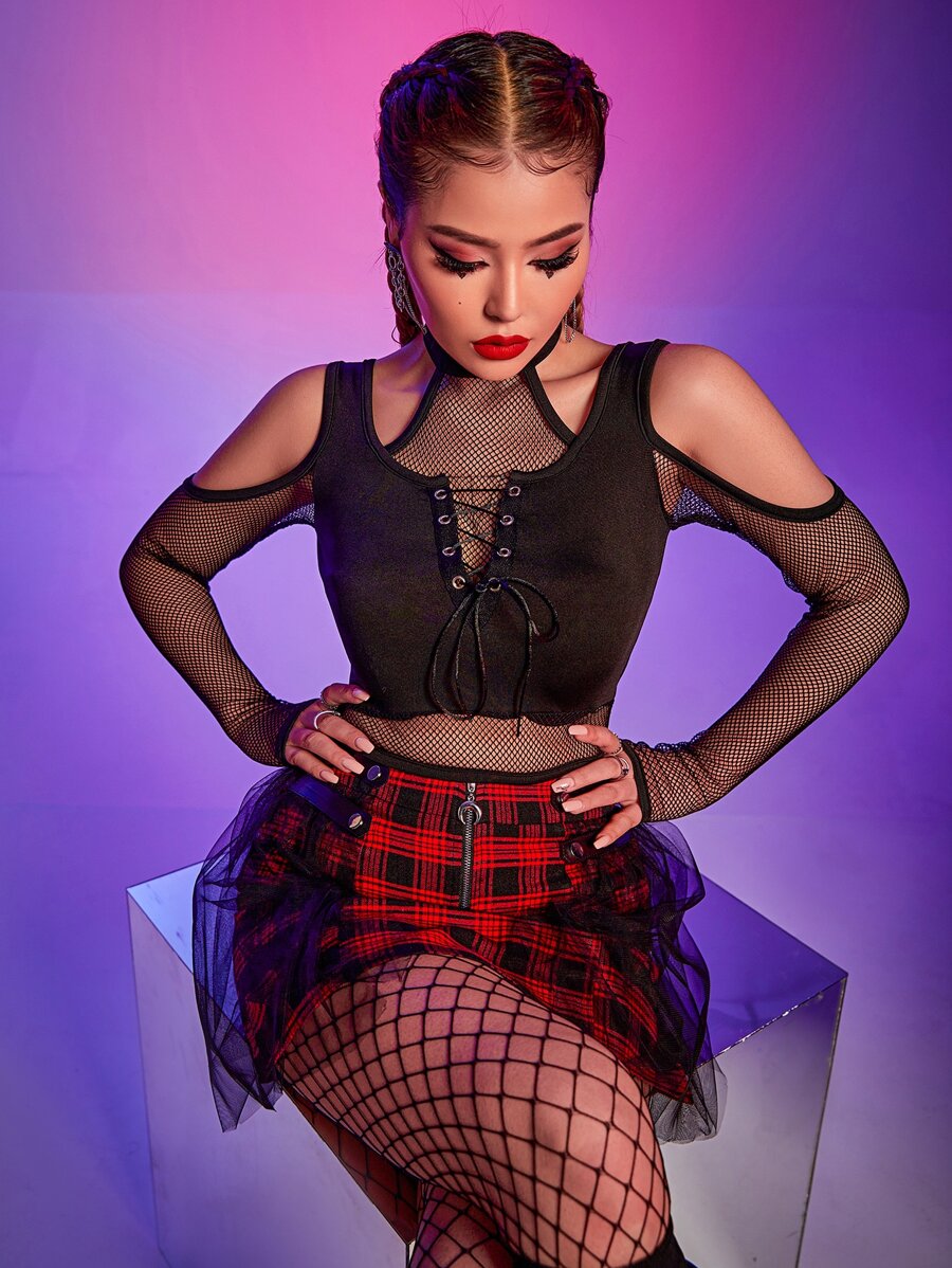 Gothic Cold Shoulder Lace Up Mesh Panel Top - Black - View 1