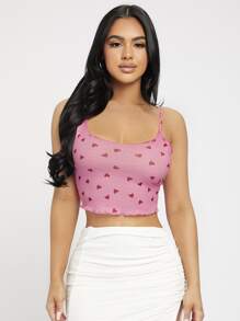 SHEIN PETITE Top de tirantes con estampado de corazón ribete en forma de lechuga - Rosa - Ver 5