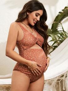 SHEIN Summer Beach Maternity Polka Dot Print Cut-Out One Piece Swimsuit - Multicolor - View 3