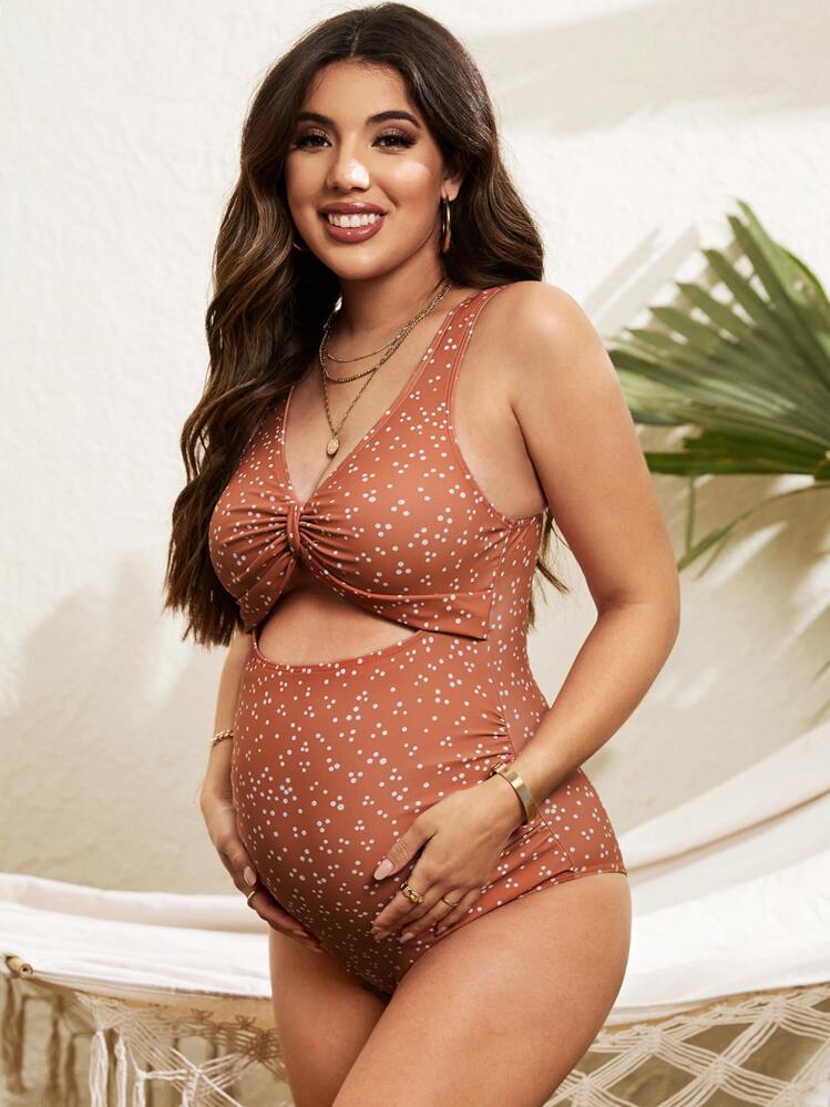 SHEIN Summer Beach Maternity Polka Dot Print Cut-Out One Piece Swimsuit - Multicolor - View 5