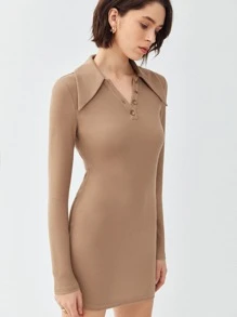 MOTF STATEMENT COLLAR DRESS - Khaki - View 8