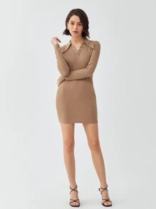 MOTF STATEMENT COLLAR DRESS - Khaki - View 10