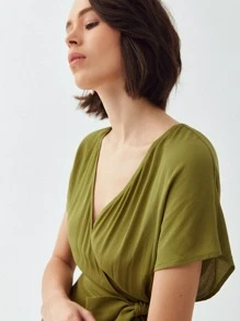 LENZING™ ECOVERO™品牌粘膠纖維製成腰帶連衣裙 - 橄欖綠 - 查看 3