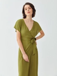 LENZING™ ECOVERO™品牌粘膠纖維製成腰帶連衣裙 - 橄欖綠 - 查看 4