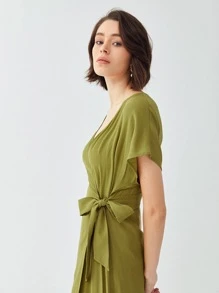 LENZING™ ECOVERO™品牌粘膠纖維製成腰帶連衣裙 - 橄欖綠 - 查看 5