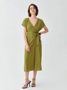 LENZING™ ECOVERO™品牌粘膠纖維製成腰帶連衣裙 - 橄欖綠 - 查看 6