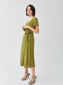 LENZING™ ECOVERO™品牌粘膠纖維製成腰帶連衣裙 - 橄欖綠 - 查看 8