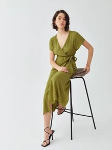 LENZING™ ECOVERO™品牌粘膠纖維製成腰帶連衣裙 - 橄欖綠 - 查看 9