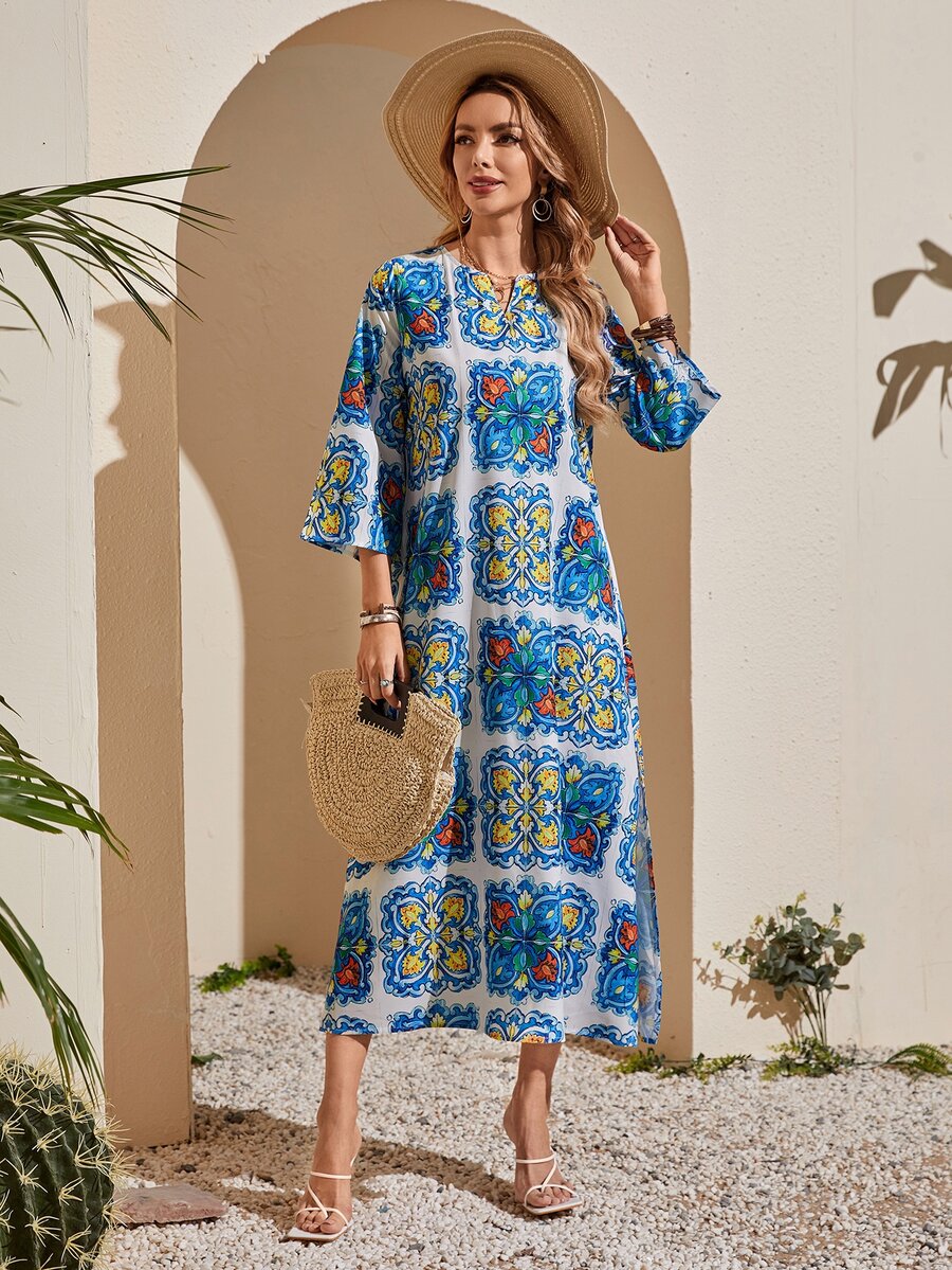 印花缺口領直筒連衣裙 - 彩色 - 查看 1