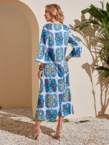 印花缺口領直筒連衣裙 - 彩色 - 查看 2