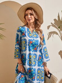 印花缺口領直筒連衣裙 - 彩色 - 查看 3