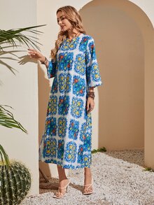 印花缺口領直筒連衣裙 - 彩色 - 查看 4