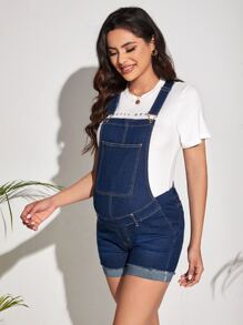 SHEIN 孕婦卷邊口袋貼布牛仔背帶褲不帶T恤 - 深色水洗藍 - 查看 1