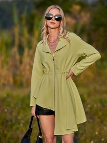 ZIAI Lapel Collar Zipper Up Asymmetrical Hem Coat - Olive Green - View 1