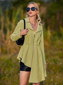 ZIAI Lapel Collar Zipper Up Asymmetrical Hem Coat - Olive Green - View 4