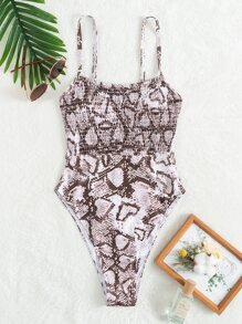 蛇紋打褶連體泳衣 - 彩色 - 查看 3