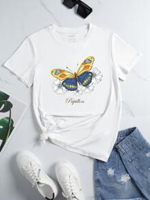 蝴蝶和雛菊圖案T恤 - 白色 - 查看 1