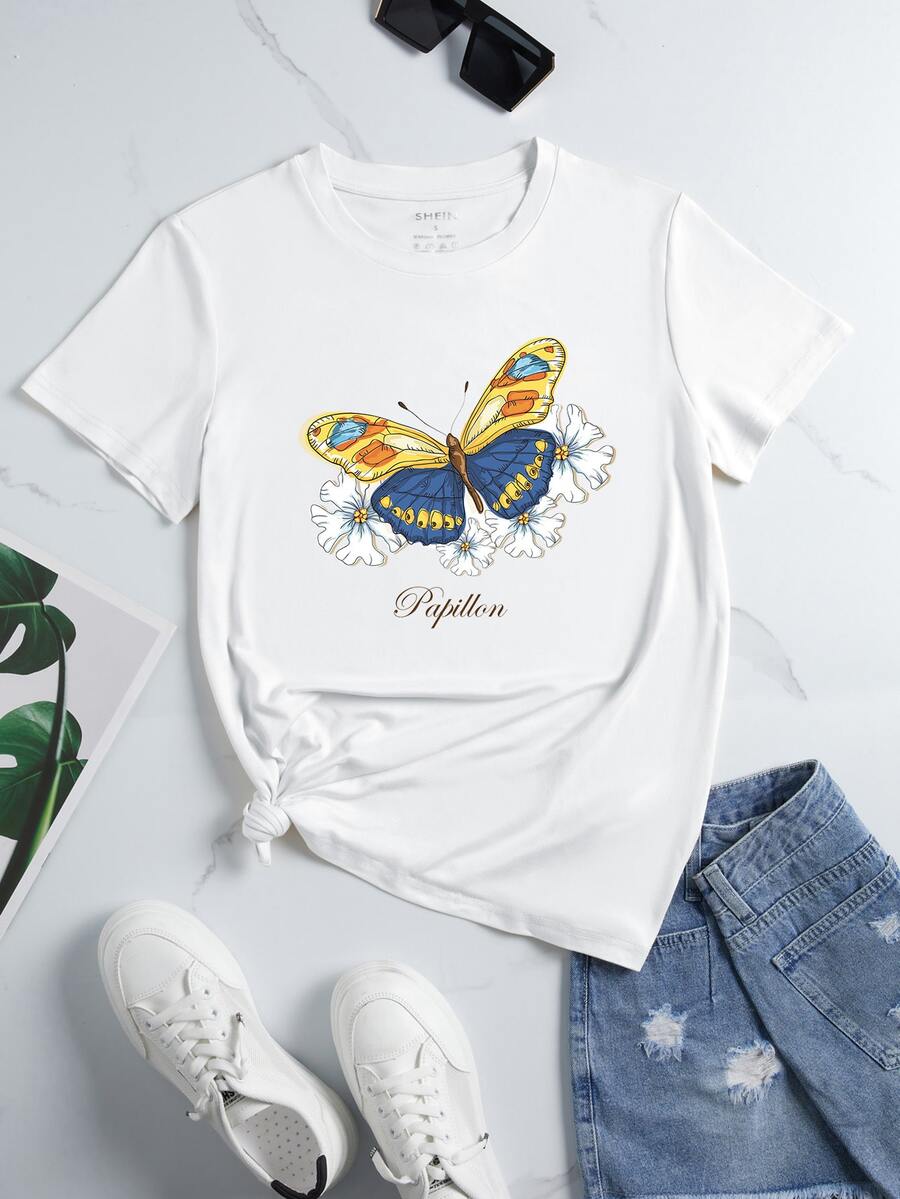 蝴蝶和雛菊圖案T恤 - 白色 - 查看 1