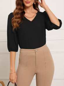 SHEIN Privé Chain Detail Puff Sleeve Blouse - Black - View 1