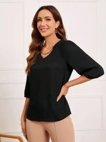 SHEIN Privé Chain Detail Puff Sleeve Blouse - Black - View 4