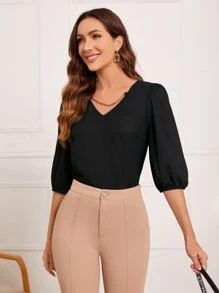 SHEIN Privé Chain Detail Puff Sleeve Blouse - Black - View 6