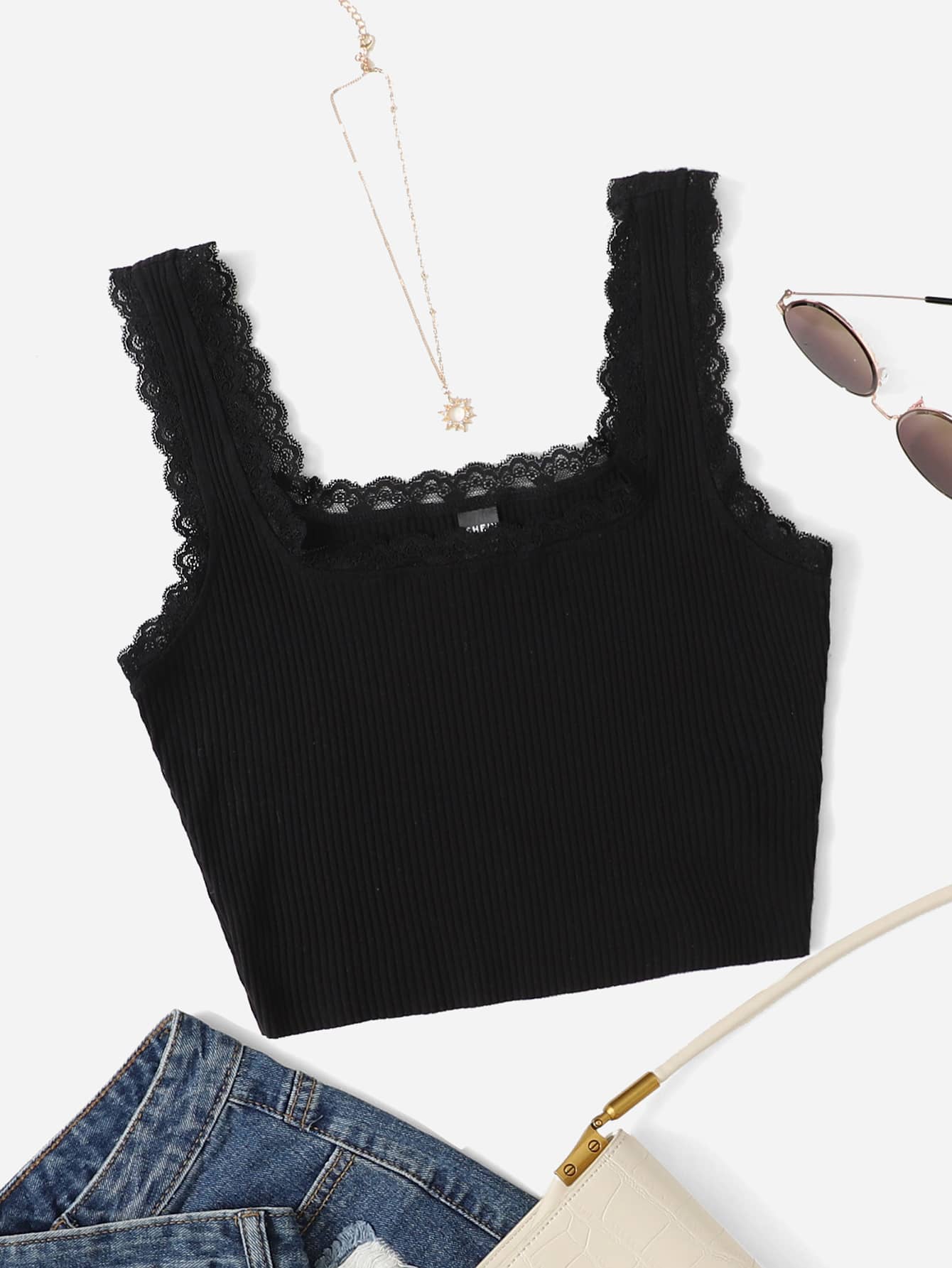 SHEIN Lace Trim Tank Top - Black - View 1