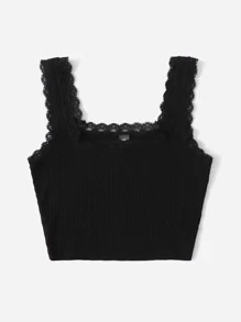 SHEIN Lace Trim Tank Top - Black - View 3