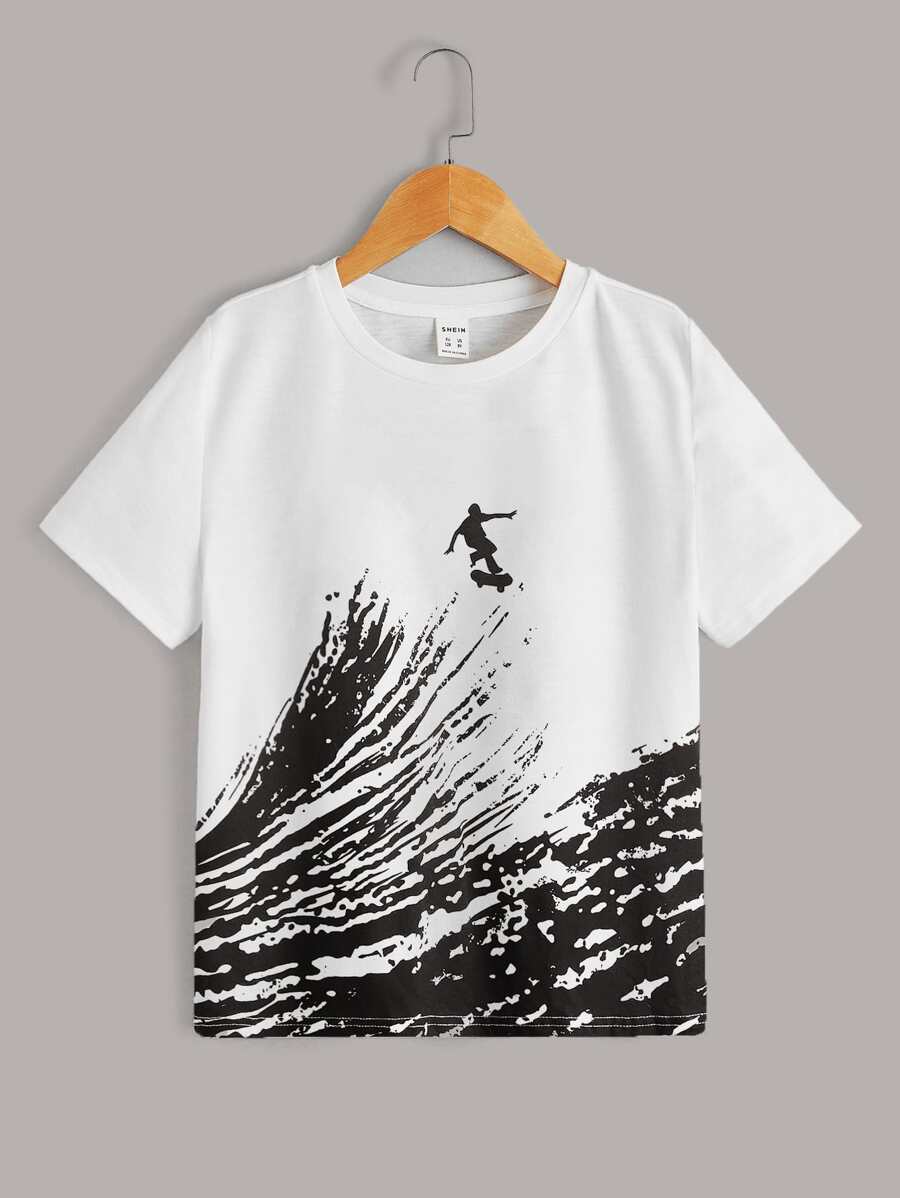SHEIN Tween Boy Summer Casual Knitted Round Neck Short Sleeve T-Shirt , Printed Portrait And Waves Pattern - White - View 1