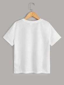 SHEIN Tween Boy Summer Casual Knitted Round Neck Short Sleeve T-Shirt , Printed Portrait And Waves Pattern - White - View 2