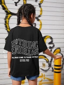 SHEIN Girls Slogan Graphic Drop Shoulder Tee - Black - View 1