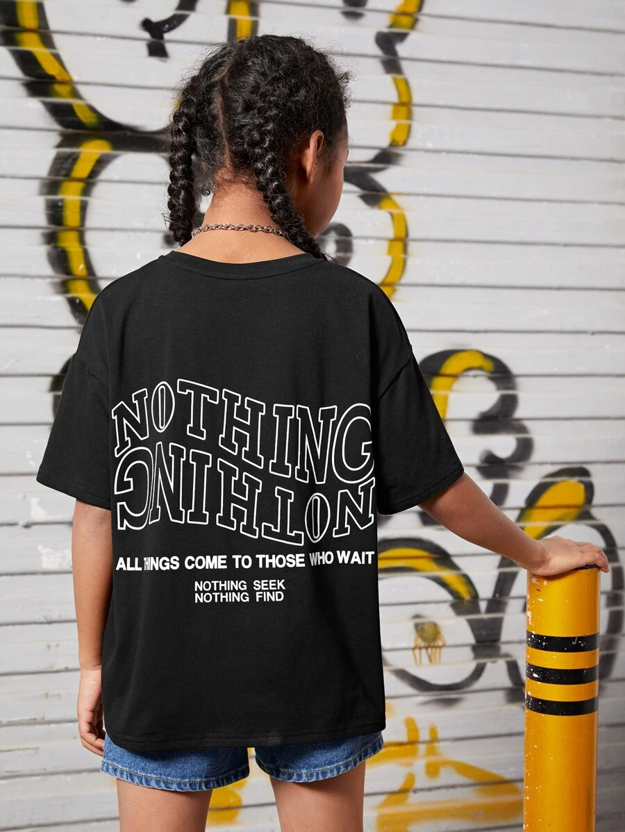 SHEIN Girls Slogan Graphic Drop Shoulder Tee - Black - View 1