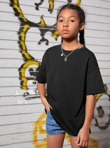 SHEIN Girls Slogan Graphic Drop Shoulder Tee - Black - View 2