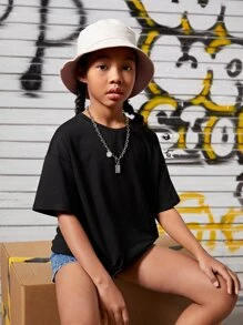 SHEIN Girls Slogan Graphic Drop Shoulder Tee - Black - View 3