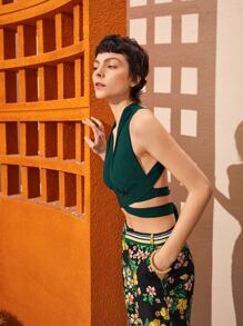 SHEIN Unity Áo hai dây Hội Chữ thập Buộc lại màu trơn Giải trí - Màu xanh lá cây đậm - Xem 4