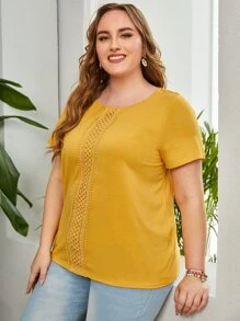 EMERY ROSE 大碼蕾絲拼接圓領T恤 - 芥末黃 - 查看 3