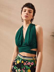 SHEIN Unity Áo hai dây Hội Chữ thập Buộc lại màu trơn Giải trí - Màu xanh lá cây đậm - Xem 8