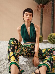 SHEIN Unity Áo hai dây Hội Chữ thập Buộc lại màu trơn Giải trí - Màu xanh lá cây đậm - Xem 3
