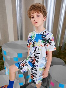 SHEIN Boys Letter & Splash Print Tee And Track Shorts Set - Multicolor - View 6
