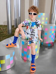 SHEIN Boys Letter & Splash Print Tee And Track Shorts Set - Multicolor - View 5