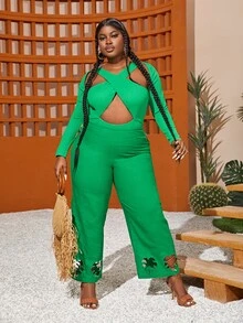 Slaydiva Plus O-ring Cut Out Wide Leg Trousers - Green - View 6