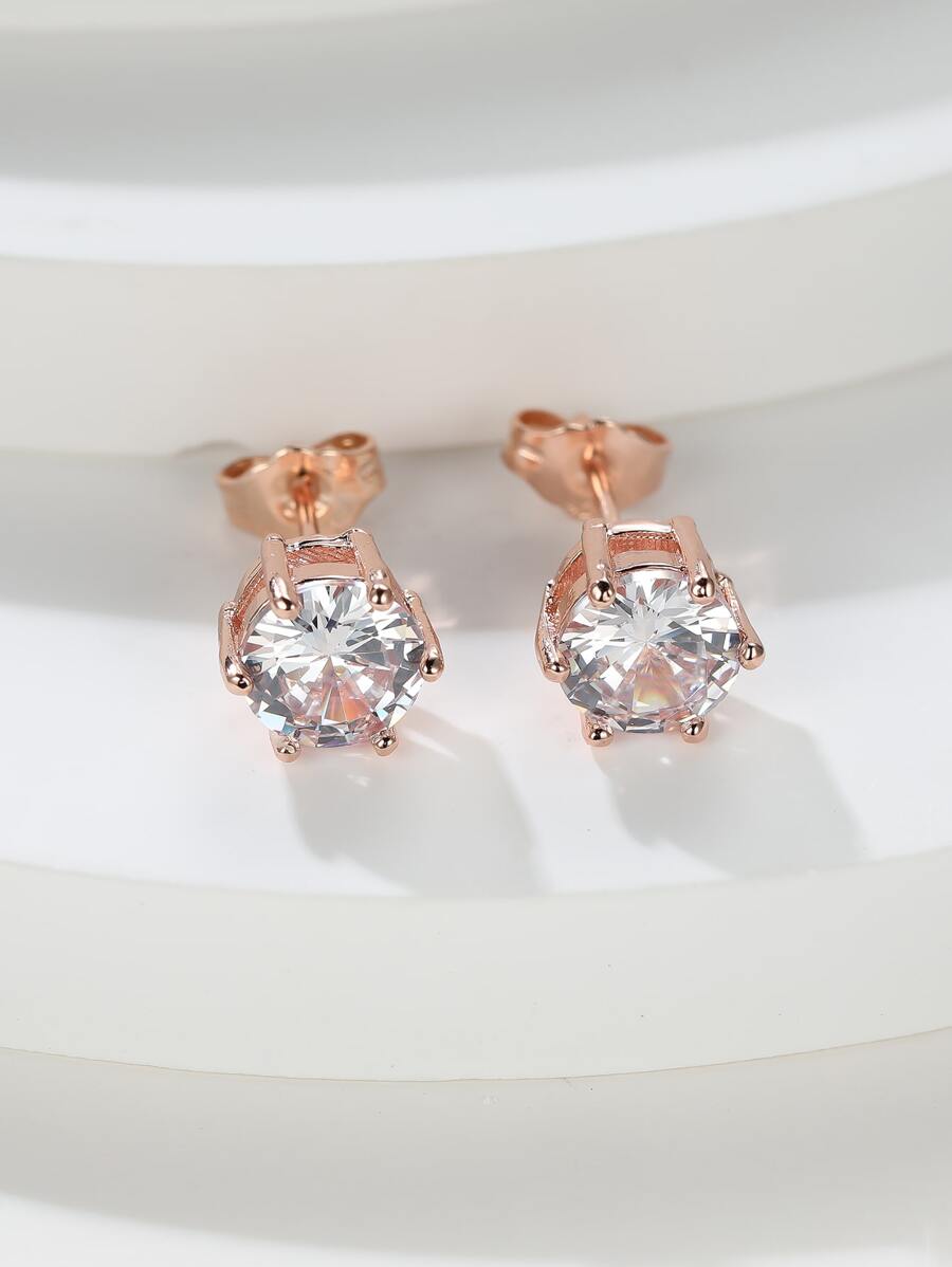 1 對奢華優雅鍍玫瑰金圓形白色和方晶鋯石女式耳釘套裝 - 玫瑰金 - 查看 1
