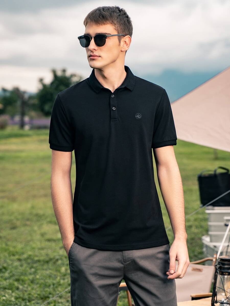 男士圖案印花前紐扣POLO衫 - 黑色 - 查看 1